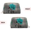 Rose Print Leather Makeup Bag, Large Capacity, Blue-Green/Gray/White view 3