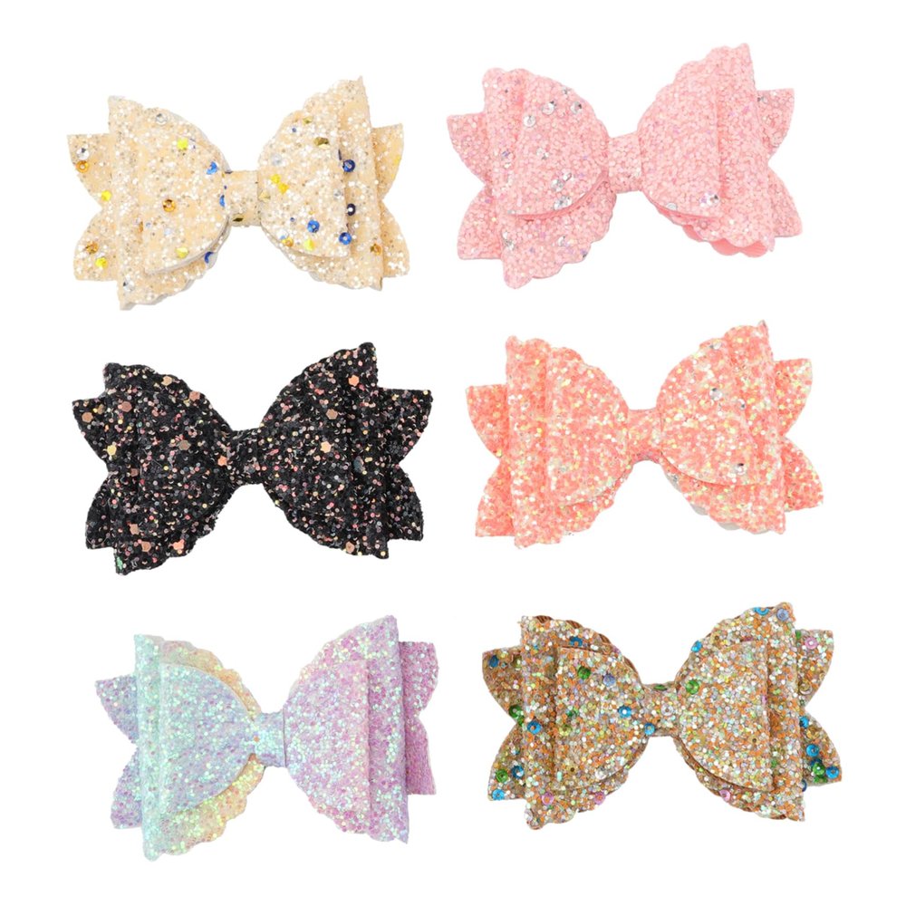 Beavorty 6-Piece Girls' Hair Bow Clips, Glitter Sequin Handmade Double-Layer Leather Bows, Colorful, Durable and Versatile