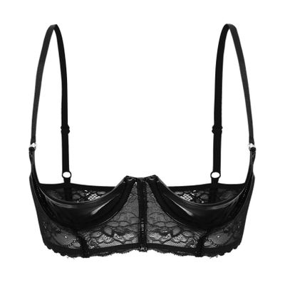 Jugaoge Women's Wetlook Lace Ouvert Bra, 1/4 Cup Push-Up Lingerie, Black, L