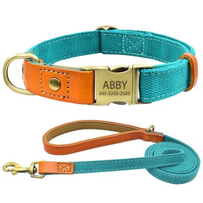SARUEL Personalized Engraved Dog Collar and Leash Set, Blue, Size L, 2.0 cm