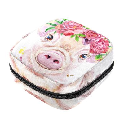 Women's Sanitary Pad Storage Pouch, Portable Period Kit Bag, Watercolor Pig, Pink Floral Design, Multicolor, 4.7 x 6.6 x 6.6 in / 12 x 17 x 17 cm
