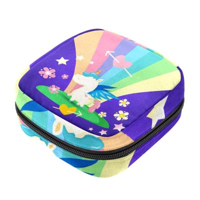 Sanitary Pad Storage Pouch, Portable Period Kit Bag for Girls and Women, Small Happy Unicorn with Rainbow, Multicolor, 4.7 x 6.6 x 6.6 in / 12 x 17 x 17 cm