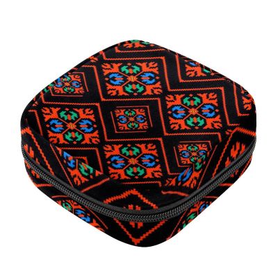 Women's Sanitary Pad Storage Bag, Portable Period Kit Pouch, Dark Red and Black Geometric Pattern, Multicolor, 4.7 x 6.6 x 6.6 in / 12 x 17 x 17 cm