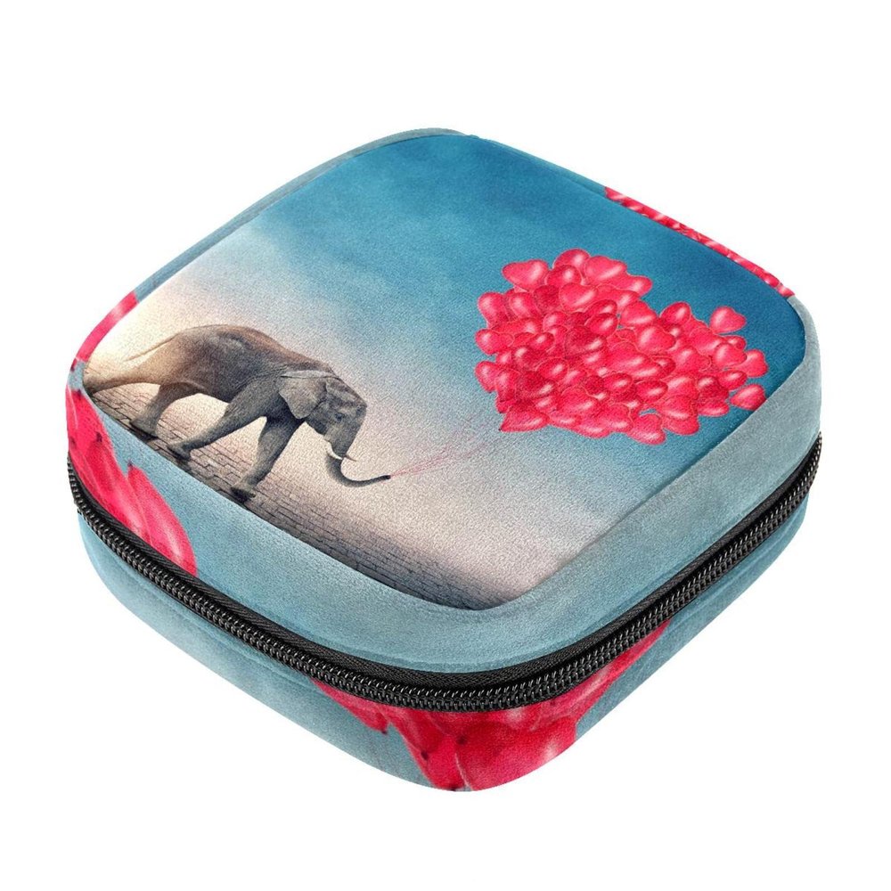 Sanitary Pad Storage Bag, Feminine Product Pouch, Portable Period Kit Bag for Girls and Women, Gray Elephant Trunk, Red Balloons and Heart, Multicolor, 4.7 x 6.6 x 6.6 in/12 x 17 x 17 cm