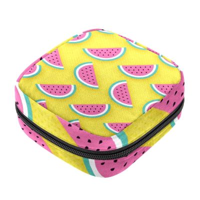 Women's Sanitary Pad Storage Bag, Portable Period Kit, Watermelon Pattern, Yellow Background, Multicolor, 4.7 x 6.6 x 6.6 in / 12 x 17 x 17 cm