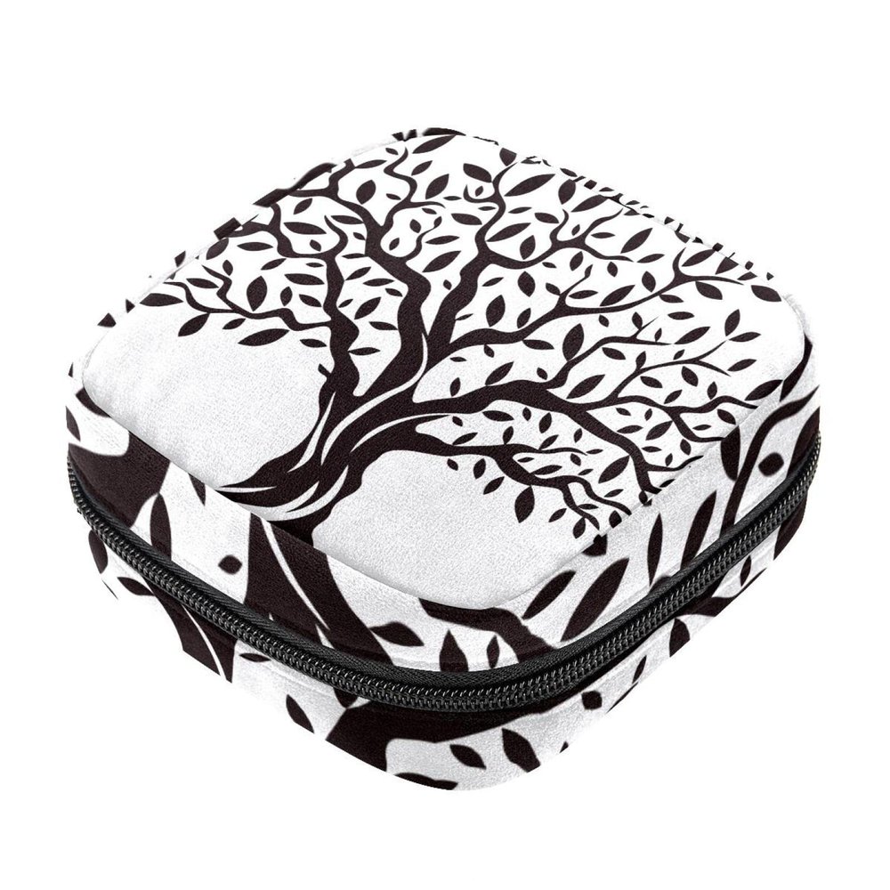 Sanitary Pad Storage Bag, Portable Period Kit Pouch for Women and Girls, Black Tree Branches and Leaves Design, Multicolor, 4.7 x 6.6 x 6.6 in/12 x 17 x 17 cm