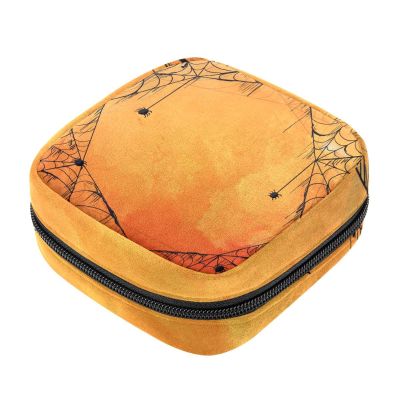 Sanitary Pad Storage Bag, Portable Period Kit for Women and Girls, Orange Cobweb-01, Multicolor, 4.7 x 6.6 x 6.6 in / 12 x 17 x 17 cm