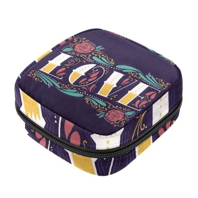 Sanitary Pad Storage Bag, Portable Period Kit Bag for Girls and Women, Lettering Vintage Flowers, Multicolor, 4.7 x 6.6 x 6.6 in/12 x 17 x 17 cm