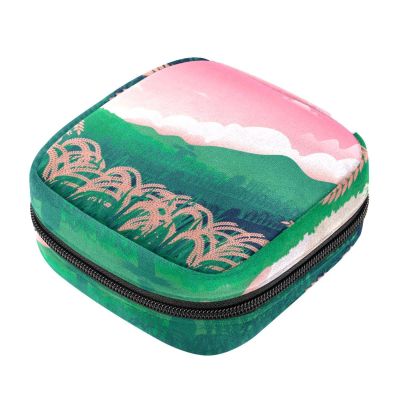 Women's Sanitary Pad Storage Pouch, Portable Period Kit Bag, Rice Field Print, Multicolor, 4.7 x 6.6 x 6.6 in / 12 x 17 x 17 cm