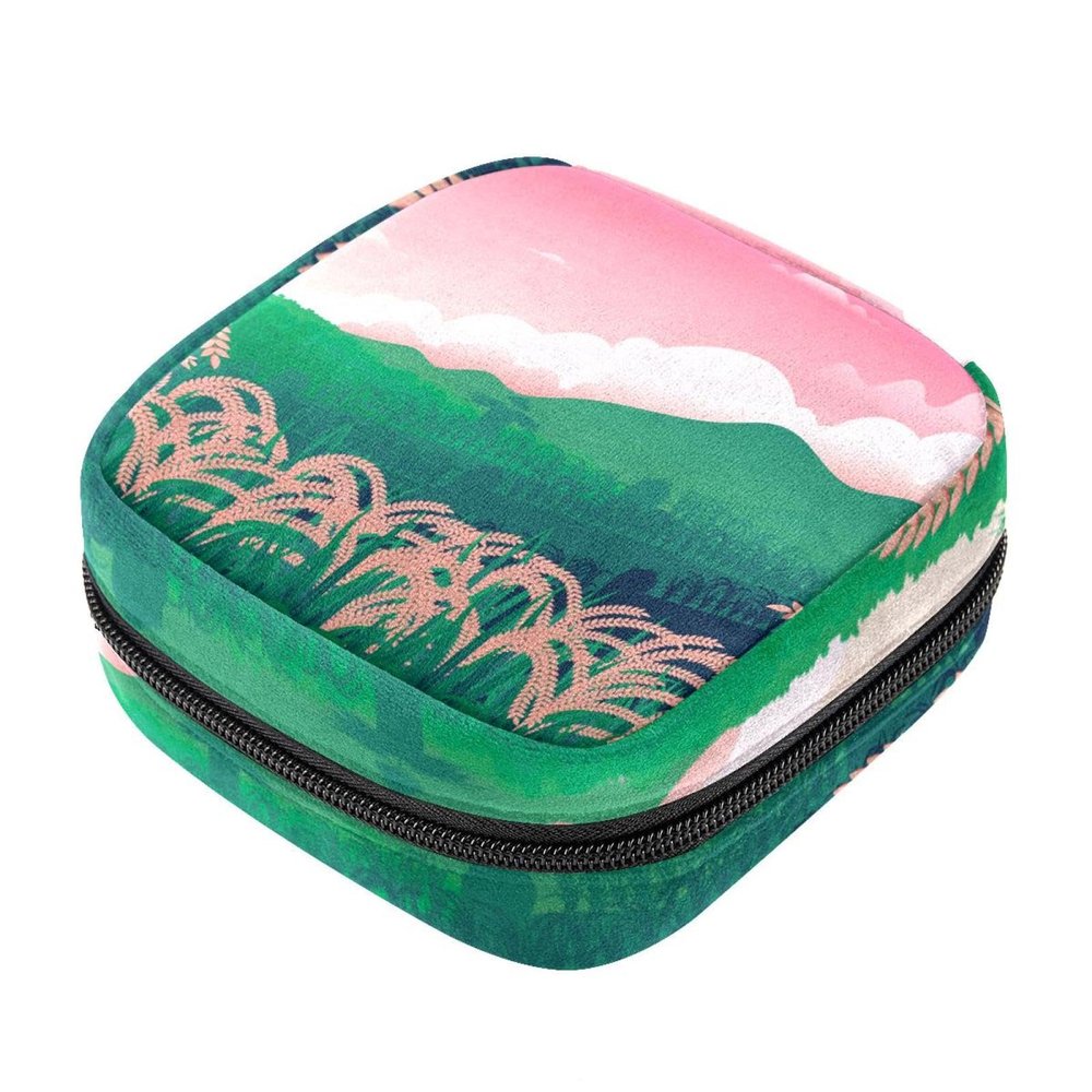 Women's Sanitary Pad Storage Pouch, Portable Period Kit Bag, Rice Field Print, Multicolor, 4.7 x 6.6 x 6.6 in / 12 x 17 x 17 cm