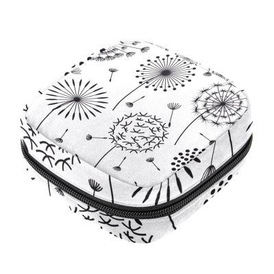 Women's Sanitary Pad Storage Bag, Portable Period Kit Pouch, Hand-Drawn Simple Black-and-White Dandelion Design, Multicolor, 4.7 x 6.6 x 6.6 in / 12 x 17 x 17 cm