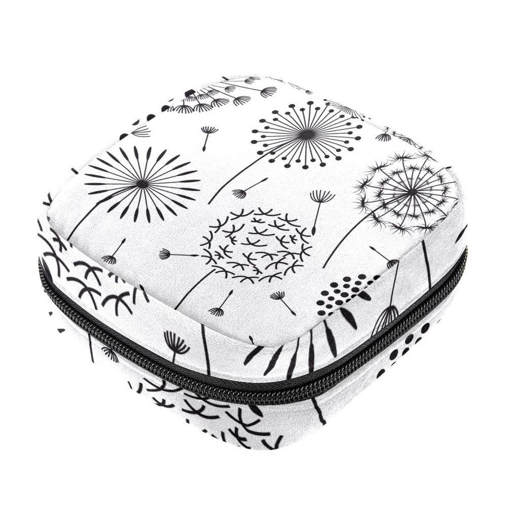 Women's Sanitary Pad Storage Bag, Portable Period Kit Pouch, Hand-Drawn Simple Black-and-White Dandelion Design, Multicolor, 4.7 x 6.6 x 6.6 in / 12 x 17 x 17 cm