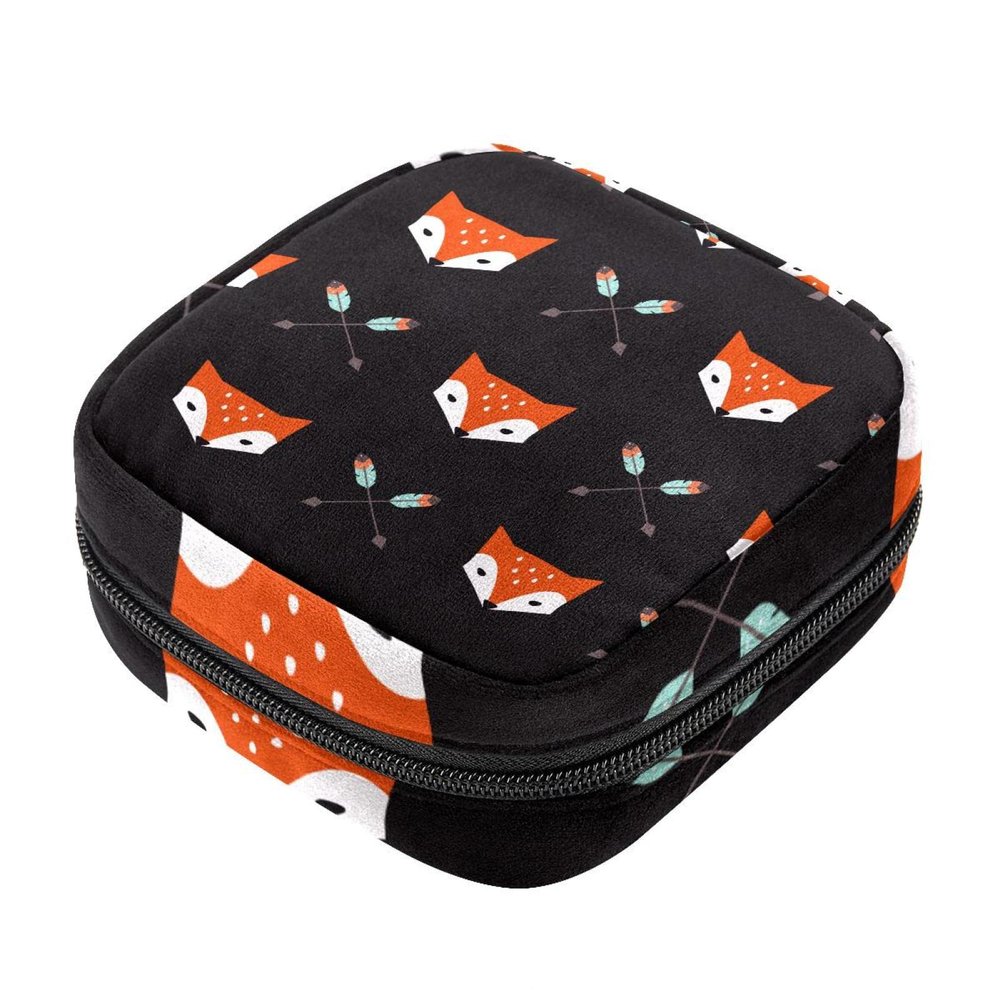 Sanitary Pad Storage Bag, Portable Period Kit Pouch with Feather, Arrows and Fox Design