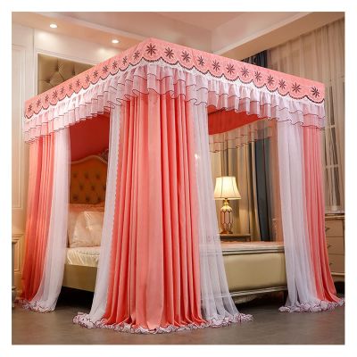 MIDUNU Mosquito Net, 4-Post Canopy Curtains, Princess Bed Canopy, Double-Layer Embroidery and Lace Blackout Curtains for Double Bed (Size: 1.8 x 2 m, Color: Pink)