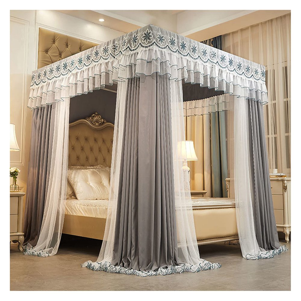 MIDUNU Princess Bed Canopy Mosquito Net, 4-Post Canopy Curtains, Double-Layer Embroidered Lace, Blackout Curtains for Double Bed, 2 x 2.2 m, Gray