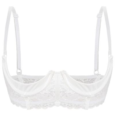 FEESHOW Women's Open-Bust Lift Bra, Sheer Lace/Leather Underwire Lingerie, White, 5XL