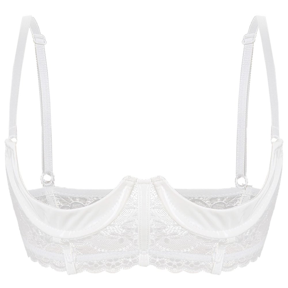 FEESHOW Women's Open-Bust Lift Bra, Sheer Lace/Leather Underwire Lingerie, White, 5XL