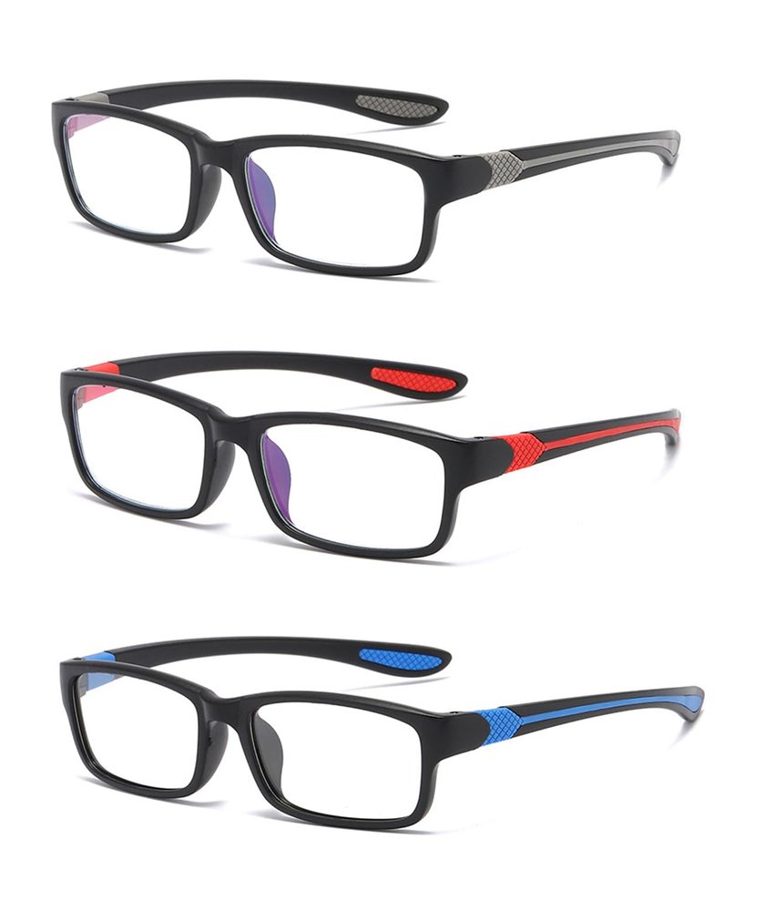 Eyglajdd TR90 Reading Glasses for Women and Men, Rectangular Two-Tone, 3-Pack, Blue-Light Blocking, Gray/Blue/Red, +3.50