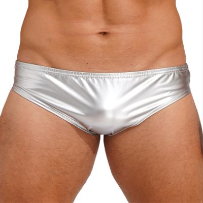 MSemis Men's Wetlook Patent Leather String Underwear, Low-Rise Mini Thong, Silver 4XL