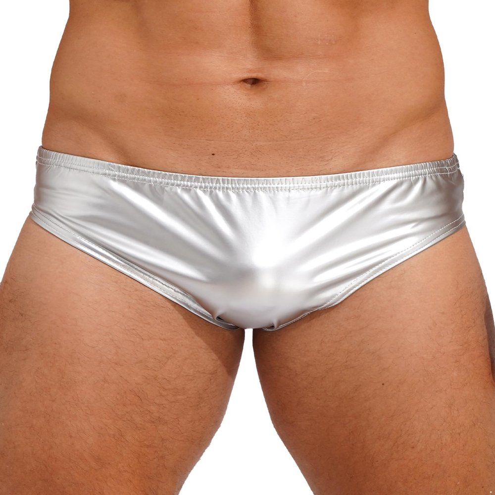 MSemis Men's Wetlook Patent Leather String Underwear, Low-Rise Mini Thong, Silver 4XL