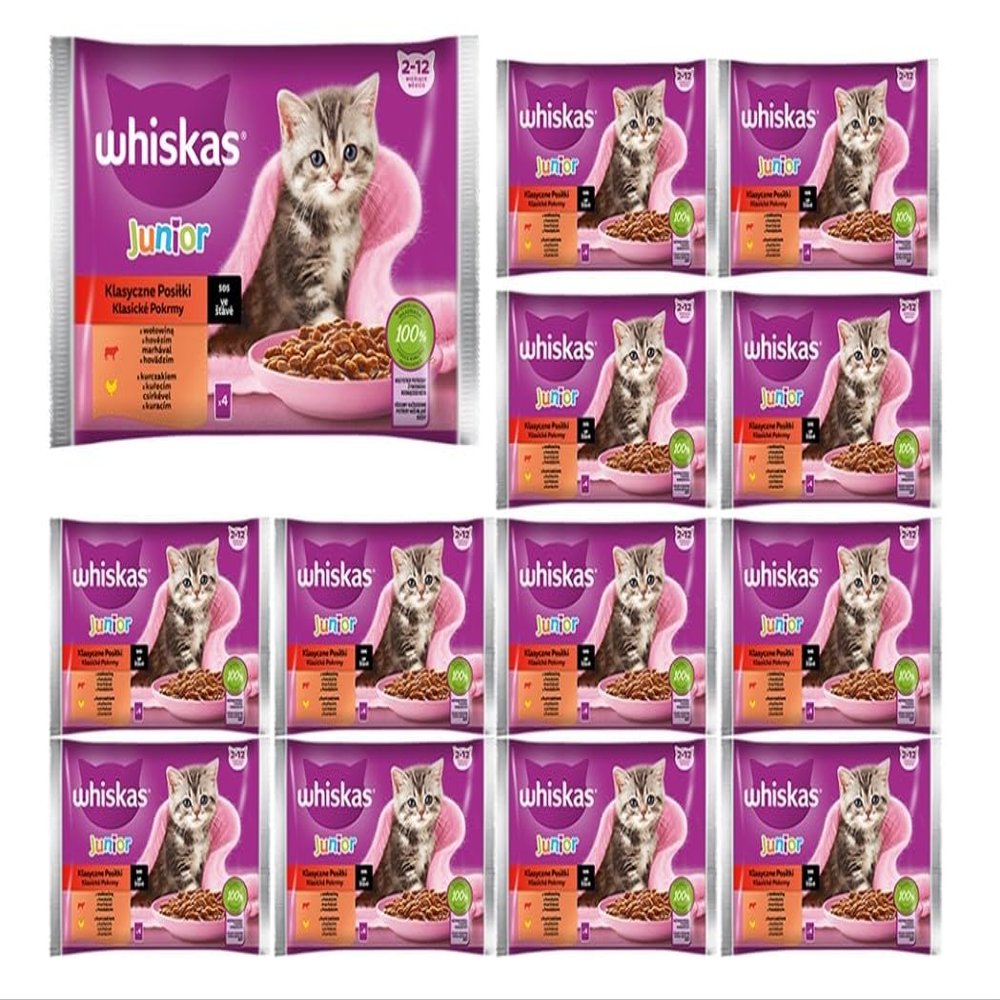 Whiskas Junior Wet Cat Food, Classic Selection in Gravy with Beef and Chicken, 52 Pouches, 13 x 4 x 85 g, for Kittens 2–12 Months
