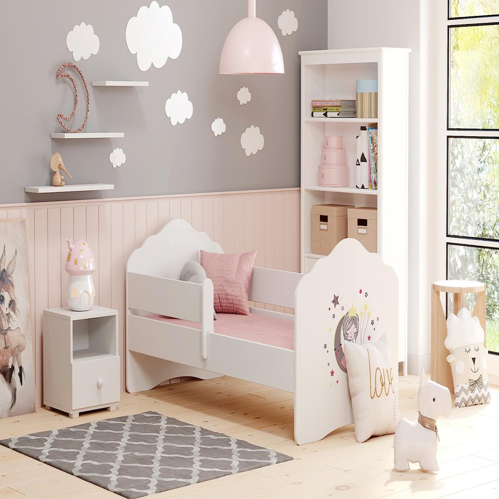 KOBI Fala Children's Bed with Guard Rail, 140 x 70 cm, White, with Mattress