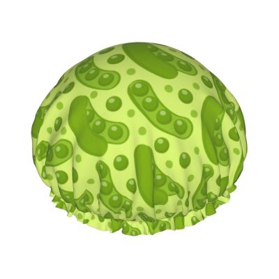 Cartoon Pea Pattern Shower Cap for Women, Reusable, for Long Hair, Double-Layer, for Adults and Children
