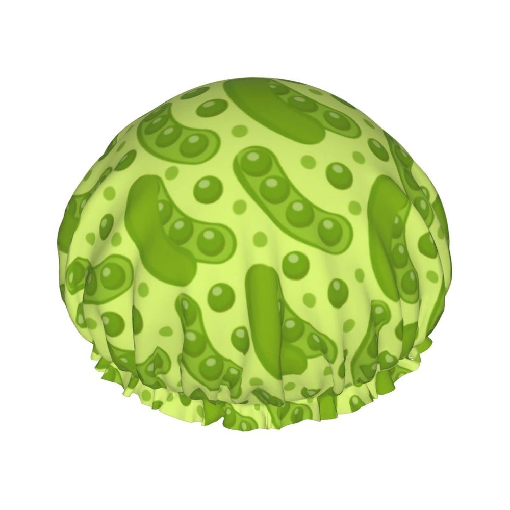 Cartoon Pea Pattern Shower Cap for Women, Reusable, for Long Hair, Double-Layer, for Adults and Children
