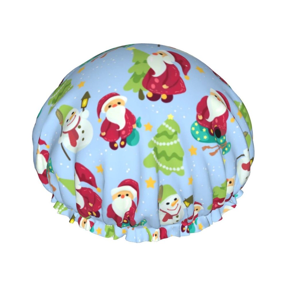 Merry Christmas Vintage Santa Shower Cap for Women, Reusable Long-Hair, Double-Layer, with Elastic Band, for Adults and Children