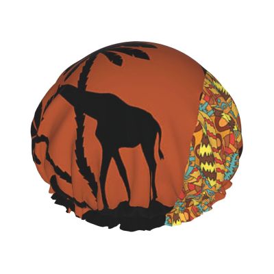 Double-Layer Waterproof Shower Cap with Tree, Giraffe and Elephant Design