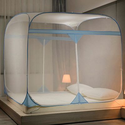 BUJOG Pop-Up Mosquito Net for Bed, Portable Canopy with Double Door and Bottom, Blue, 1.35 x 1.98 x 1.5 m