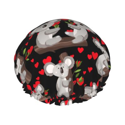 Cute Koala Hearts Shower Caps, Large Shower Cap for Women, Reusable Waterproof Cap for Long, Thick Hair