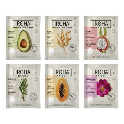 IROHA NATURE Facial Masks, 6-Piece Set with Natural Extracts