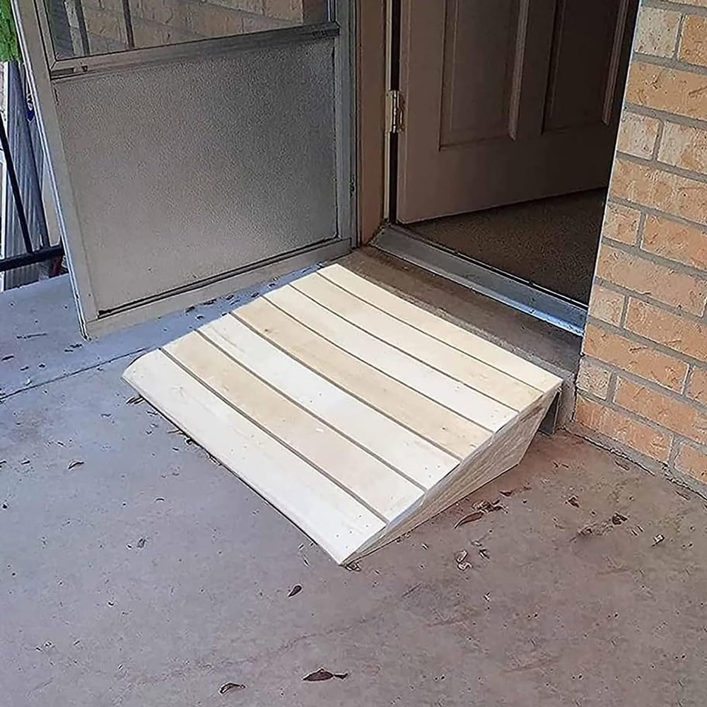 Threshold Ramp for 7–15 cm Doors, Portable Wooden Wheelchair and Curb Ramp, Non-Slip, 35 × 38.8 × 14 cm