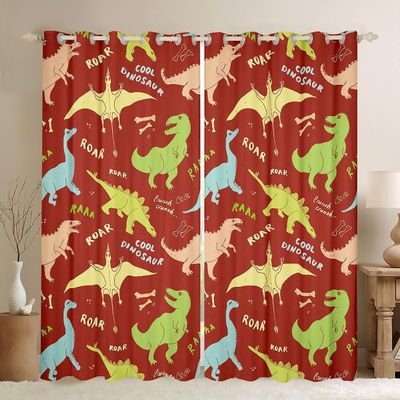 Dinosaur Cartoon Jungle Animal Watercolor Curtains, Cute Dino Room-Darkening Curtains for Boys and Girls, Kawaii Printed Window Treatments, 2 Panels, 55 W x 102 L in