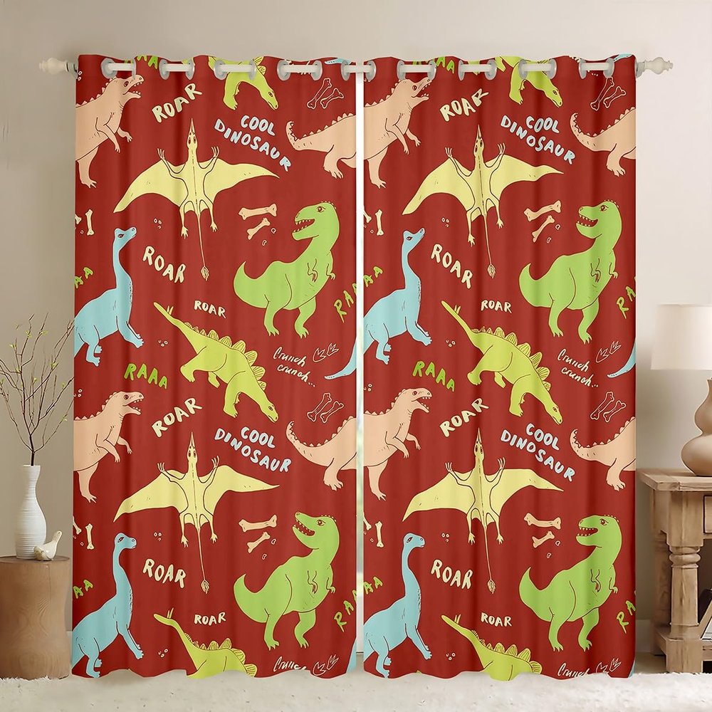 Dinosaur Cartoon Jungle Animal Watercolor Curtains, Cute Dino Room-Darkening Curtains for Boys and Girls, Kawaii Printed Window Treatments, 2 Panels, 55 W x 102 L in