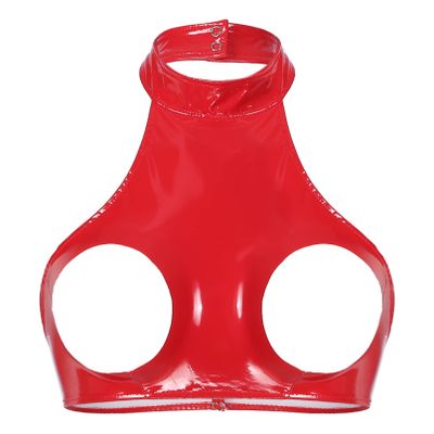 Jugaoge Women's Wetlook Halter Top with Cutouts, Open-Bust Metallic Faux-Leather Look, Red, XL