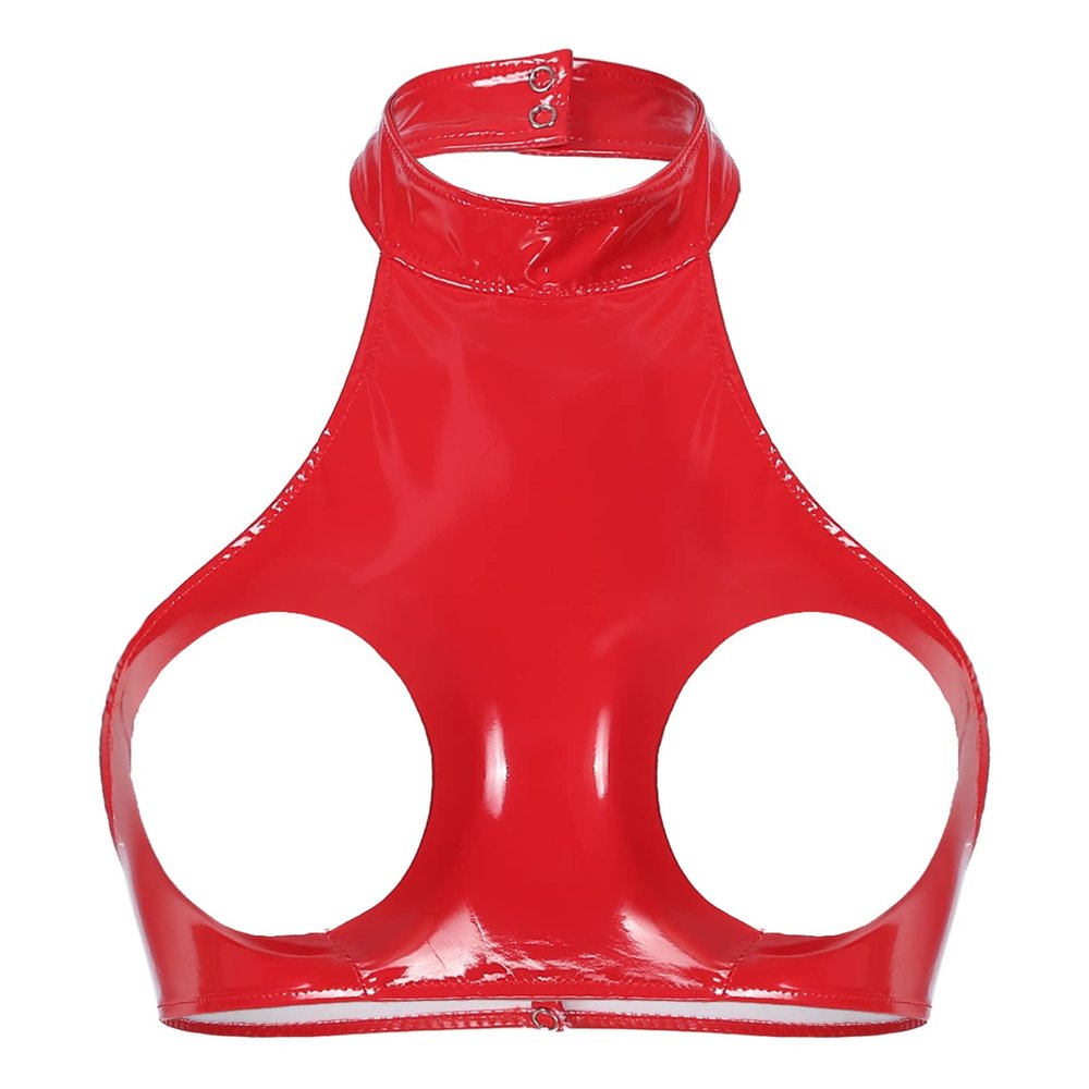 Jugaoge Women's Wetlook Halter Top with Cutouts, Open-Bust Metallic Faux-Leather Look, Red, XL