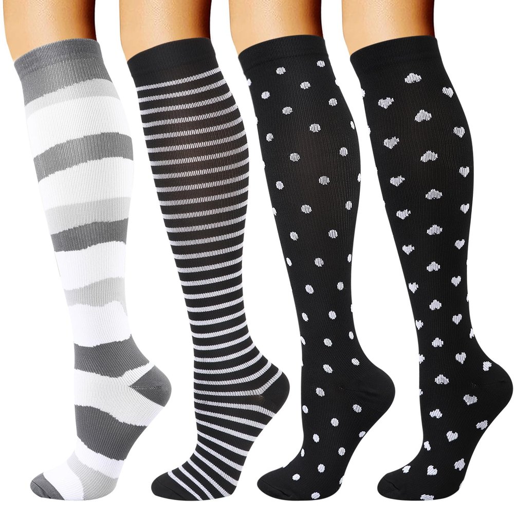 DRESHOW 4 Pairs Compression Socks for Women and Men, Support Socks for Flights, Sports, Running, Cycling, and Nurses