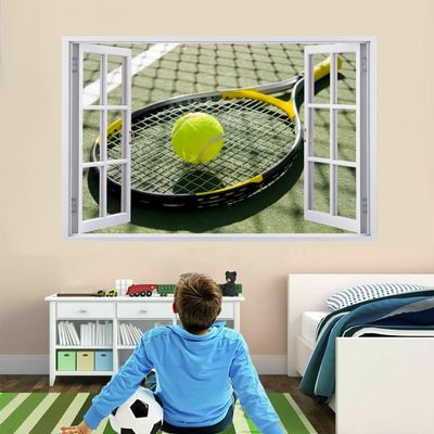 3D Tennis Wall Breakthrough Sticker for Kids' Room, Removable Vinyl, 35.4 x 23.6 in
