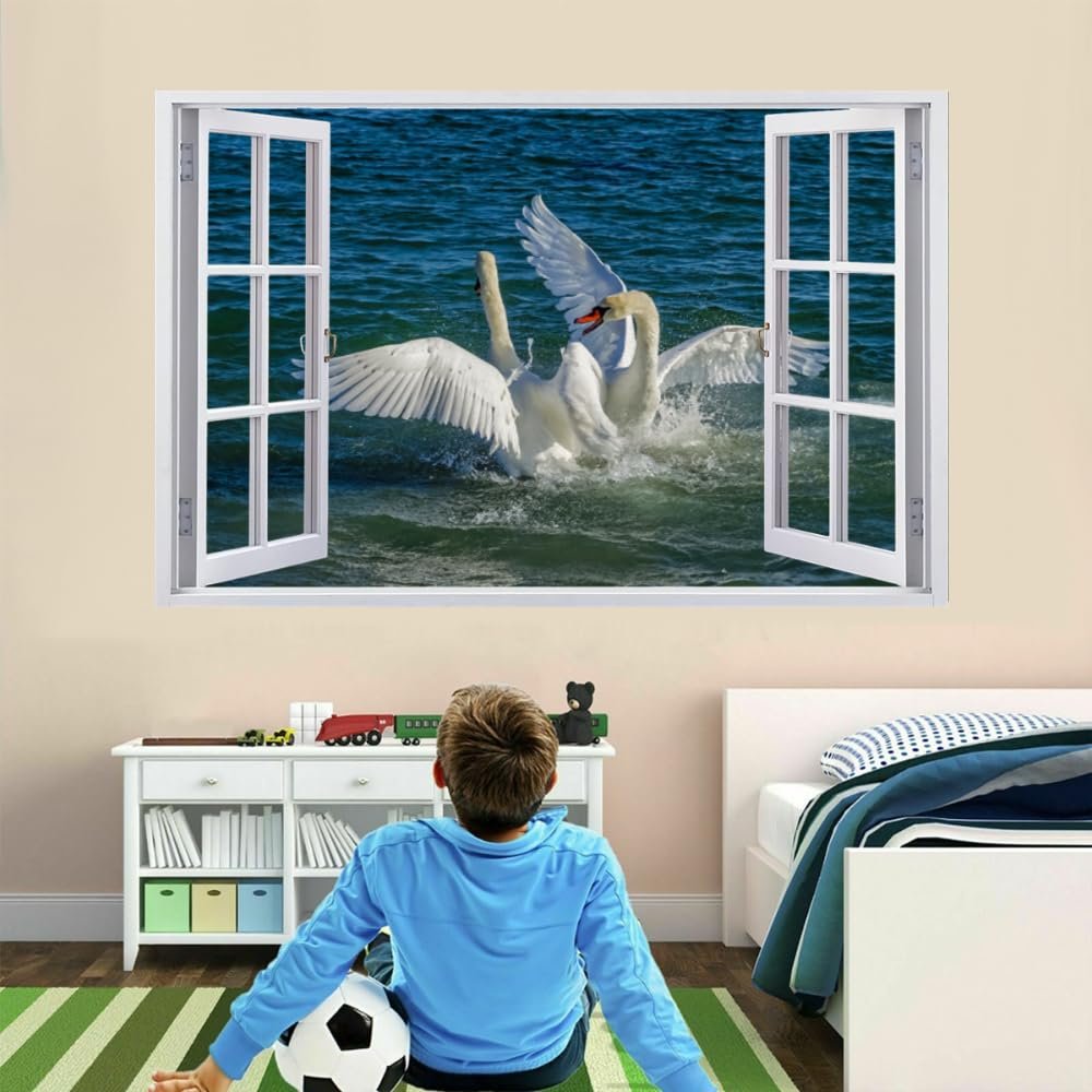3D White Swan Wall Decal, Removable Self-Adhesive, 90 x 60 cm