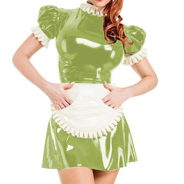 JQYTEN Plus-Size Candy-Color Puff-Sleeve Maid Mini Dress with White Apron