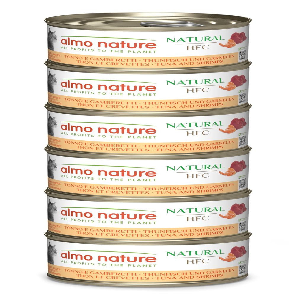 Almo Nature HFC Natural - Wet Food for Adult Cats - Tuna & Shrimp - Human Grade, Gluten-Free - 6 x 70g