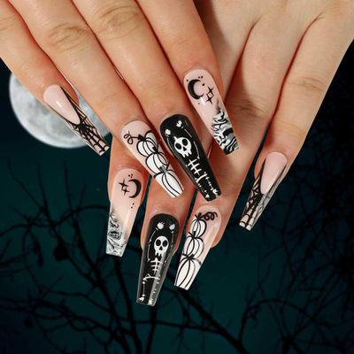 Cubahop Black Coffin Press-On Nails, Halloween Skeleton and Pumpkin Spider Design, 24-Piece Set