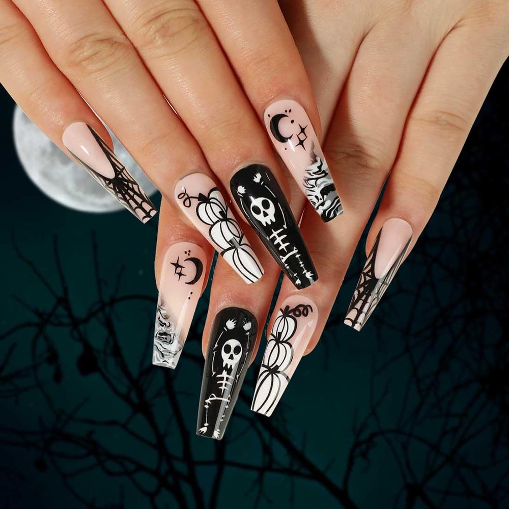 Cubahop Black Coffin Press-On Nails, Halloween Skeleton and Pumpkin Spider Design, 24-Piece Set