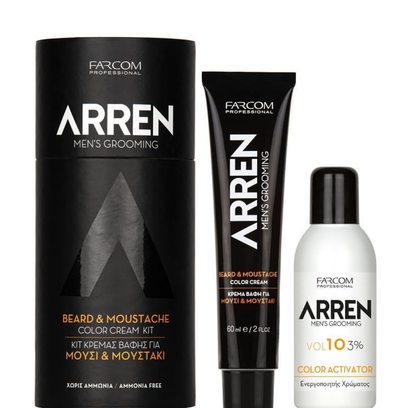 Farcom Professional ARREN Men's Beard and Mustache Color Cream Kit, Ammonia-Free, 130 ml, Black