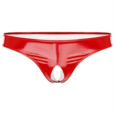 TiaoBug Men's Open-Crotch Wetlook Patent Leather String Thong Underwear, Sissy Panties, Red, H S