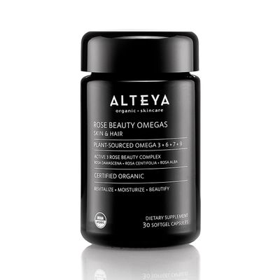 Alteya Organic Rose Beauty Omegas – Plant-Based Omega 3+6+7+9 Fatty Acids + Two-Rose Antioxidant Complex (30 Softgels) – USDA Organic Certified – Skin & Hair