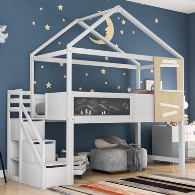 House Bed with Stairs and Window, Children's Bed, Including Slatted Base, 3 Drawers in the Stairs, White (200 x 90 cm)