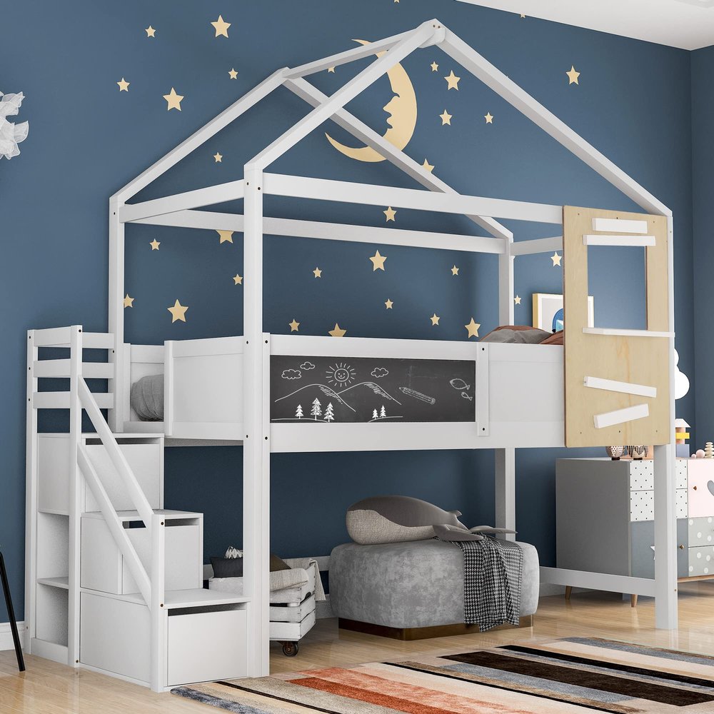 House Bed with Stairs and Window, Children's Bed, Including Slatted Base, 3 Drawers in the Stairs, White (200 x 90 cm)